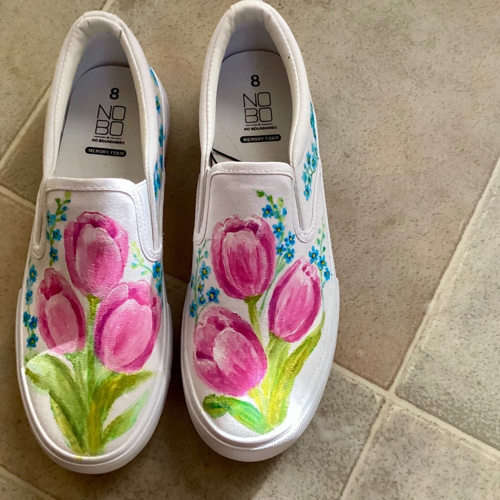 Hand painted spring tulips cherry blossom white canvas slip on shoes 8